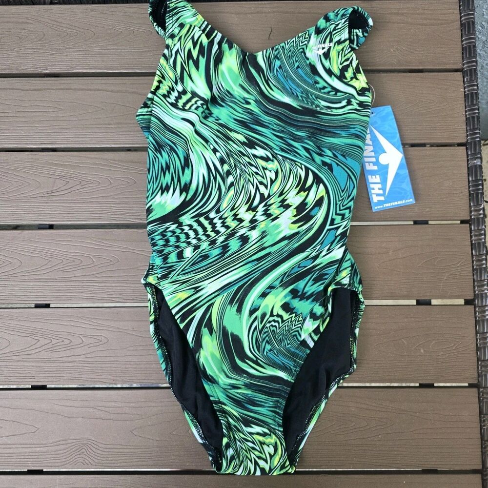 The Finals Womens Air Whirl Waveback Swimsuit Green/Black Sz 36 New